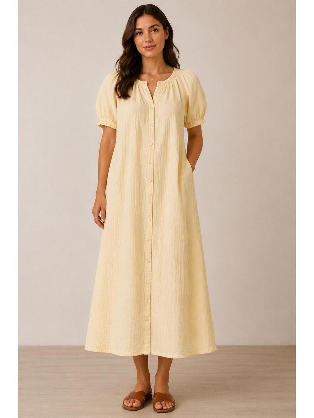 Faherty Yellow Cotton Gauze Dress Women’s M Button Front Puff Sleeve Cottagecore